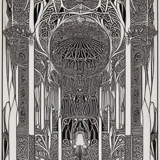 Image similar to art nouveau temple, giant majestic archways, waterfalls, ornate ancient temple, decorative fractal edges, gas lantern street lights, intricate ornate growth, intricate ornate opalescent central mandala, fine lines, clean lines, parallax poster composition, drawn by aubrey beardsley, harry clarke, Verneuil, mucha, henri gillet, William Morris, John Henry Dearle