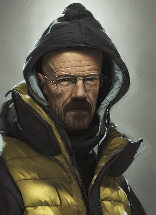 Prompt: walter white wearing a black supreme puffer jacket and a beanie, elegant, digital painting, concept art, smooth, sharp focus, illustration, from starcraft by ruan jia and mandy jurgens and artgerm and william - adolphe bouguerea