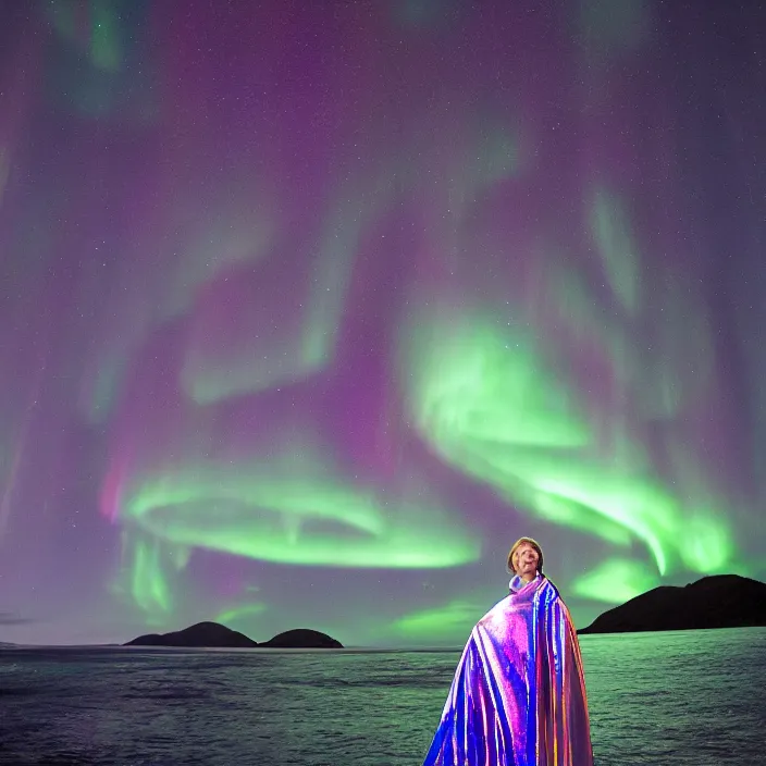 Prompt: closeup portrait of a woman wrapped in iridescent foil, standing in stewart island in new zealand, aurora australis southern lights in background, color photograph, by vincent desiderio, canon eos c 3 0 0, ƒ 1. 8, 3 5 mm, 8 k, medium - format print