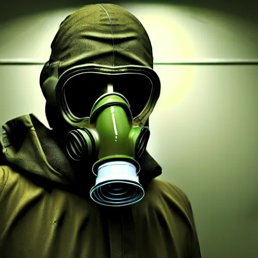 Image similar to photorealistic detailed image of a man in a rugged, worn trench coat wearing a gas mask, in a ruined and dark underground lab, readying himself for combat with a green/brown/gray undertone, inspired by the Stalker video game series