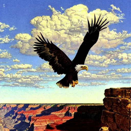 Image similar to eagle flying over the grand canyon in the style of norman rockwell