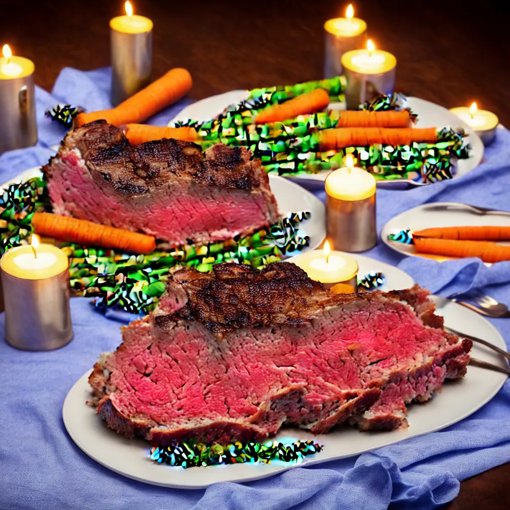 Prompt: product shot of a dinner with prime rib, asparagus, mashed potatoes and gravy, and steamed carrots with blue table cloth and lit candles in ornate silver candlesticks, ultra - realistic, photo realism, professional photograph, extreme detail, deep focus, laser sharp, volumetric lighting, atmospheric, luxury, elite