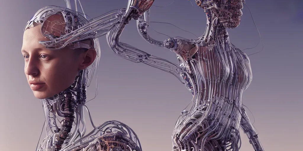 Prompt: beautiful young latina woman, iris van herpen, perfect symmetrical body, full body shot, inflatable shapes, wires, tubes, veins, circuits, jellyfish, white biomechanical details, wearing epic bionic cyborg implants, masterpiece, intricate, biopunk, vogue, highly detailed, artstation, concept art, cyberpunk, octane render