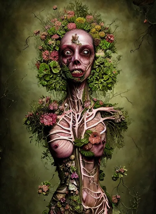 Image similar to beautiful and detailed rotten woman corpse with fractal plants and fractal flowers growing around, muscles, veins, arteries, intricate, organs, ornate, surreal, ray caesar, john constable, guy denning, dan hillier