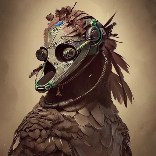 Prompt: a painting of a bird with intricate designs, cyberpunk art by marco mazzoni, featured on zbrush central, fantasy art, made of feathers, steampunk, rococo