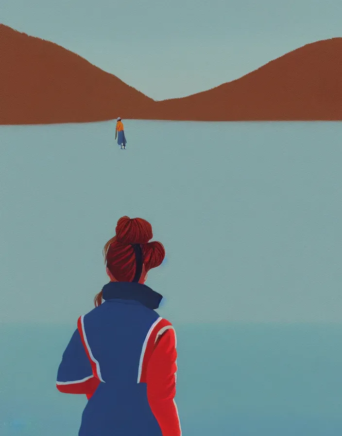 Image similar to wide shot rear view photographer woman hair in a bun long red stripe coat backpack sneakers grasping a nikon camera in hand while looking out over a placid blue lake, a character design painting, in the style of wes anderson, lola dupre, david hockney, isolated on negative white space background dark monochrome fluorescent spraypaint accents volumetric octane render, no double figure