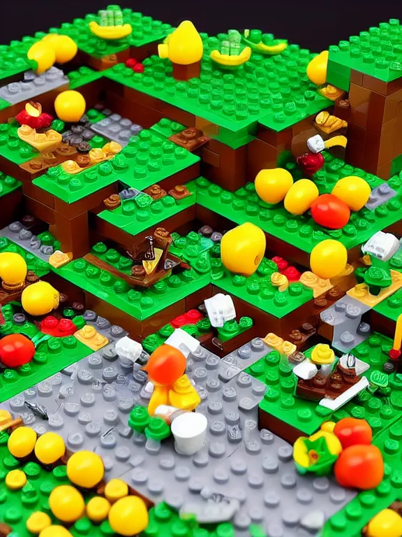 Image similar to miniature isometric lego diorama of fruit forest