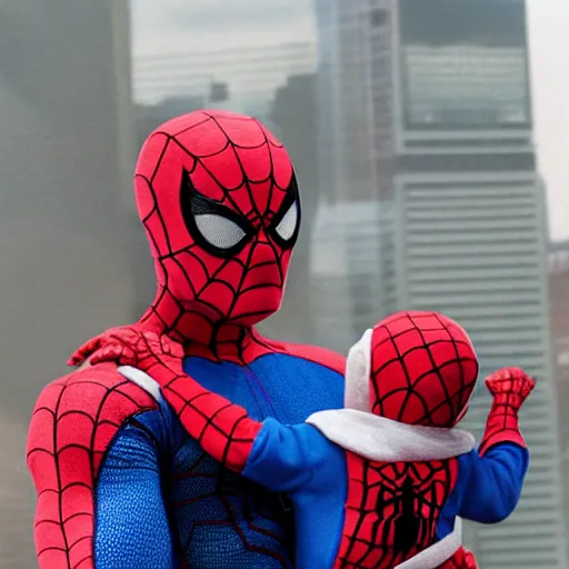 Prompt: spiderman holding baby wearing spiderman costumes, an film still