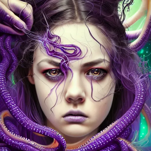 Image similar to detailed photo portrait of a furious teen girl with thin, hair-like purple tentacles on her head and bright purple eyes, 8k,by tristan eaton, Stanley Artgermm,Tom Bagshaw,Greg Rutkowski,Carne Griffiths,trending on DeviantArt, face enhance,hyper detailed ,full of colour, dramatic lightning