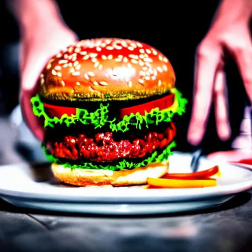 Image similar to hamburger eating people, parody horror movie high quality screenshot upload, professional photography, canon lens