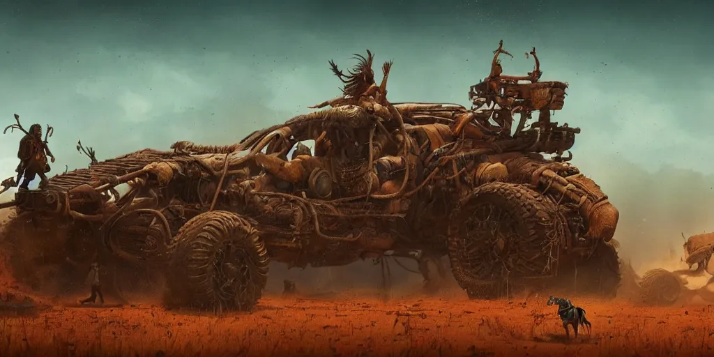 Image similar to woodpunk, ancient indian on atv, buffalo chase ,attacking, action scene, an epic fantasy, dramatic lighting, cinematic, establishing shot, extremely high detail, photorealistic, cinematic lighting, artstation, octane render, by simon stalenhag, horizon forbidden west and mad max