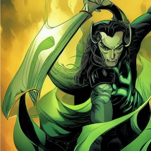 Image similar to The artwork is conceptual artwork for a graphic novel that shows Loki, the god of mischief, in a variety of emotional states. Lee Garbett produced the artwork in 2015. The illustration is wonderfully detailed, and each expression on Loki's face is well captured.