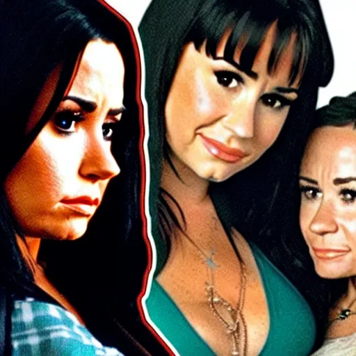 Image similar to close-up of Demi Lovato as Piper Halliwell and Selena Gomez as Phoebe Halliwell and Ariana Grande as Prue Halliwell in a Charmed movie directed by Christopher Nolan, movie still frame, promotional image, imax 35 mm footage