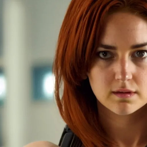 Image similar to A still of Shailene Woodley as Black Widow in Iron Man 2 (2010), close-up