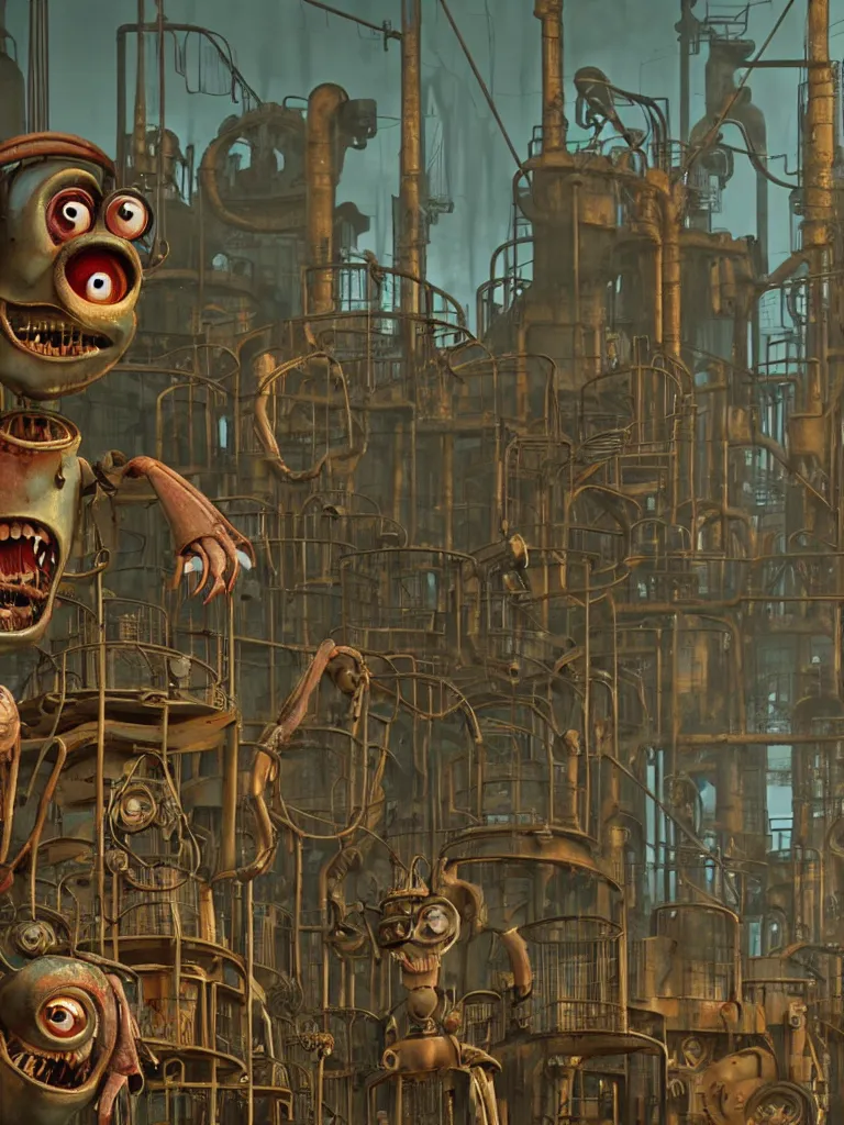 Prompt: A grungy, rusty industrial factory crammed with equipment and dimly lit with spotlights containing cute tim burton style bug-eyed smiling toothy grin monsters. highly detailed 3D rendered in pixar renderman