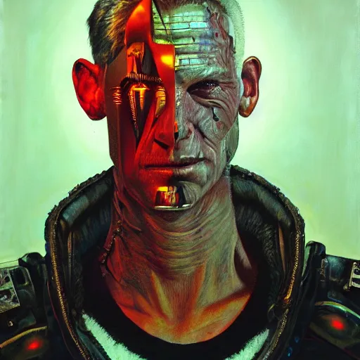 Image similar to cyberpunk orcs, rule of thirds, cinematic lighting, by chuck close, by norman rockwell, hyperrealistic photorealism acrylic on canvas, hyper detailed, mohawk.