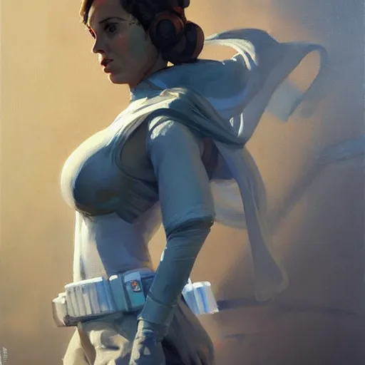 Image similar to greg manchess portrait painting of leia organa as overwatch character, medium shot, asymmetrical, profile picture, organic painting, sunny day, matte painting, bold shapes, hard edges, street art, trending on artstation, by huang guangjian and gil elvgren and sachin teng