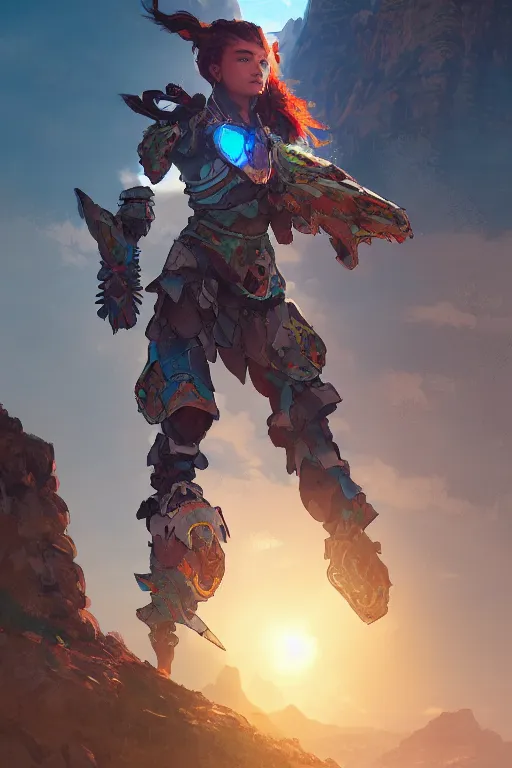 Image similar to combination suit armor aloy horizon forbidden west horizon zero dawn radiating a glowing aura global illumination ray tracing hdr fanart arstation by ian pesty and alena aenami artworks in 4 k tribal robot ninja mask helmet backpack