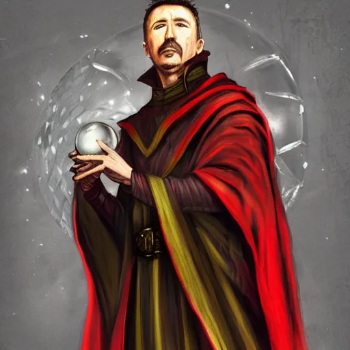 Image similar to petyr baelish smirking dressed in grey robes with red and gold trim, slightly turned to the right, ultra detailed, photorealistic, holding a crystal ball, magic the gathering style art, standing with a black background, high quality,