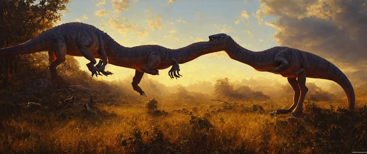 Image similar to oil painting of a dinosaur on canvas, by James gurney, realism, warm lighting, award winning, high detail, professional, volumetric lighting