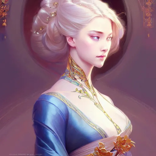 Image similar to elegant Chinese princess, D&D, blue eyes, blonde hair, fantasy, intricate, elegant, highly detailed, digital painting, artstation, concept art, smooth, sharp focus, illustration, art by artgerm and greg rutkowski and alphonse mucha