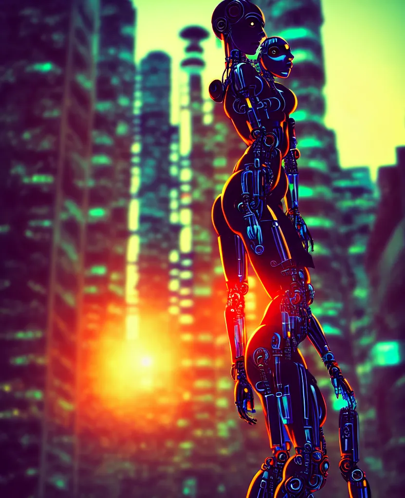 Prompt: a photo close up cyberpunk half robot half girl stands in a cyberpunk hiroshima, prefecture streets, sunset, photorealistic, cinematic lighting, very detailed, style by tomino - sama