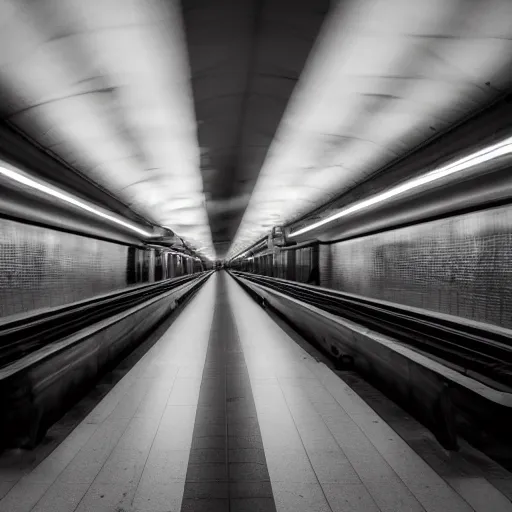 Image similar to a photo of a subway station without pillars nor benches, on either side, there are two trains speeding parallel to each other, 70mm lens, slow shutter speed, f/4, 41mm focal length, ISO 200, 4k, dramatic contrasting light, cinematic lighting, vanishing point, centered composition