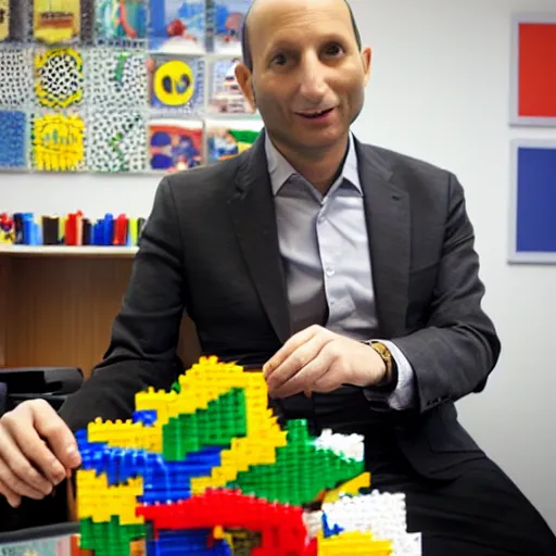 Prompt: A photo of Naftali Bennett playing with legos in his office, high quality