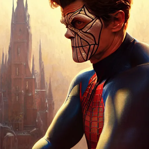 Image similar to handsome Willem Dafoe as Spider-Man, western, D&D, fantasy, intricate, elegant, highly detailed, digital painting, artstation, concept art, matte, sharp focus, illustration, art by Artgerm and Greg Rutkowski and Alphonse Mucha