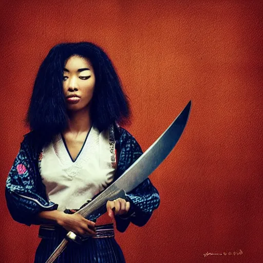 Prompt: “ afro - asian female samurai unsheathing her blade. photograph. award winning. ”