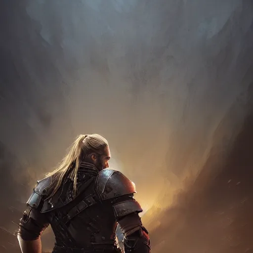 Image similar to rear side portrait of a muscular, ponytail haired blonde man with only left arm armored, wearing a thick brown leather coat, looking to his left, DnD, fantasy, dramatic lighting, digital art by Ruan Jia, Donglu Yu