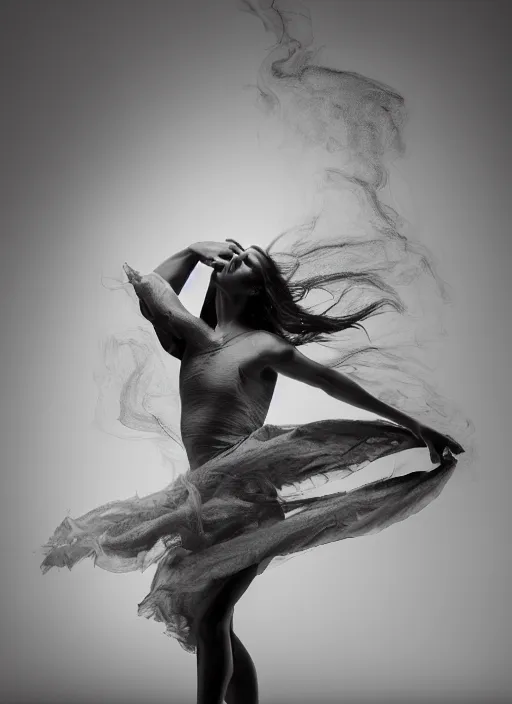 Image similar to a Photorealistic dramatic hyperrealistic render of a beautiful Female smoke dancer by Ken Brower and Deborah Ory of NYC Dance project,Lois Greenfield,Flowing cloth and smoke,Beautiful dynamic dramatic dark moody lighting,volumetric,shadows,cinematic atmosphere,Octane render,8K