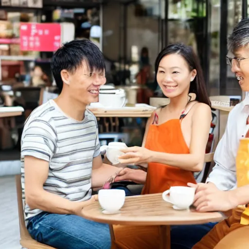 Image similar to taiwan brother, sister and her foreign husband sit down waiting for coffee in cafe