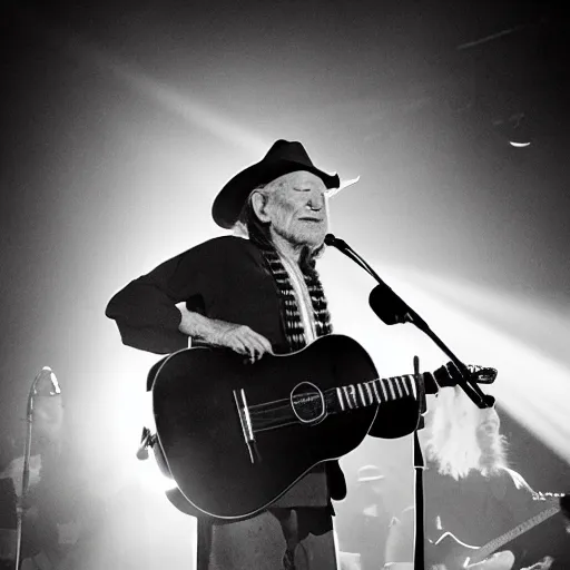 Image similar to willie nelson on stage, four fingers holdingguitar. god rays through fog.