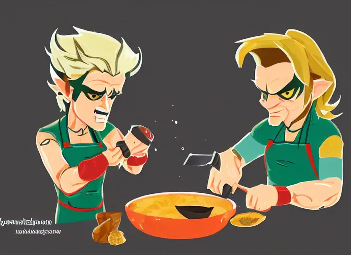 Prompt: gordon ramsey yelling at link for cooking burnt food in the style of breath of the wild, artstation