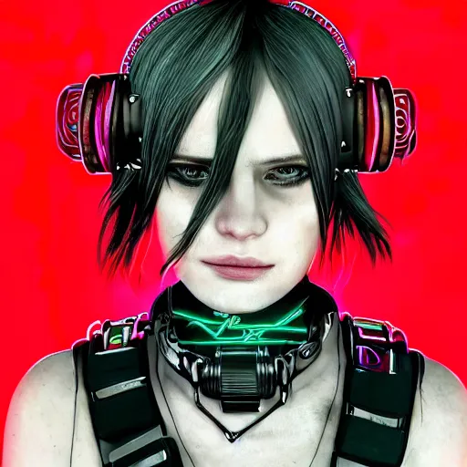 Image similar to detailed realistic cyberpunk female character cyberpunk wearing large steel collar around neck, realistic, art, beautiful, 4K, collar, choker, collar around neck, punk, artstation, detailed, female, woman, choker, cyberpunk, neon, punk, collar, choker, collar around neck, thick collar, choker around neck, wearing choker, wearing collar, bright neon punk hair, collar, choker,