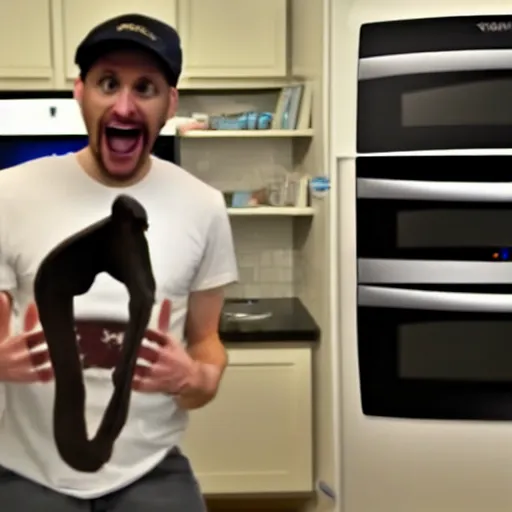 Image similar to photo still from a velociraptor's vlog, the real velociraptor complaining about his samsung refrigerator