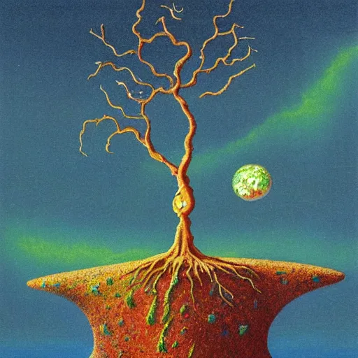 Image similar to a tree growing from a crystal rock floating in space, by roger dean