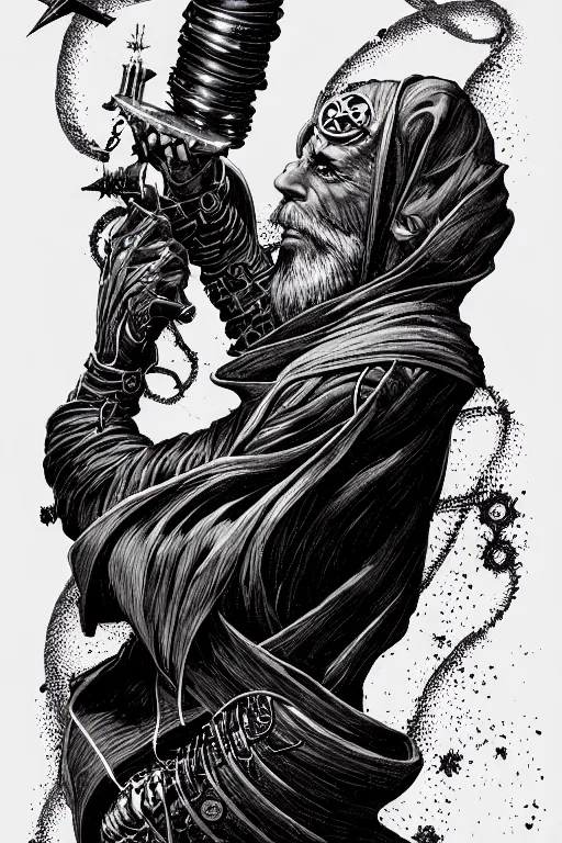 Image similar to side view of a cloaked ancient alchemist steampunk wizard holding a wand, high details, lineart, by vincent di fate and joe fenton,, inking, screen print, masterpiece, trending on artstation, sharp, high contrast, hyper - detailed, hd, 4 k, 8 k