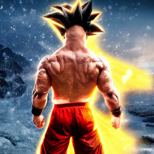 Prompt: photorealistic full shot of Dwayne Johnson as a warrior style goku super saiyan at moonlight, apocalyptic background, snowing, lightning bolt, high detail, unreal engine 4k volumetric light, fog,