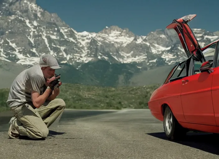 Image similar to a very high resolution image from a new movie, eminem shooting a car. mountains, directed by wes anderson