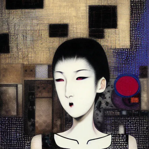 Image similar to yoshitaka amano blurred and dreamy realistic portrait of a young woman with black lipstick and black eyes wearing mask and dress suit with tie, junji ito abstract patterns in the background, face in three quarter view, satoshi kon anime, noisy film grain effect, highly detailed, renaissance oil painting, weird portrait angle, blurred lost edges