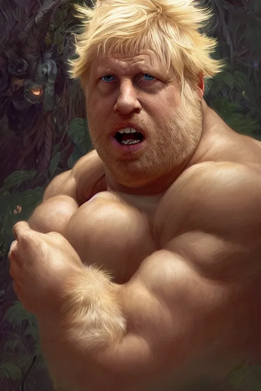 Image similar to portrait of boris johnson as a hairy hulking herculean demon, forest, godlike, full body, fantasy, intricate, elegant, highly detailed, digital painting, artstation, concept art, sharp focus, illustration, art by artgerm and greg rutkowski and alphonse mucha