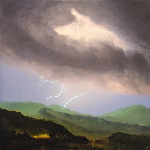 Image similar to “painting, mountain top in a storm being struck by lightning”