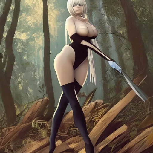 Image similar to full body portrait of 2 b nier automata wearing a skintight dress in a forest, large thighs, perfect face, intricate, elegant, highly detailed, digital painting, artstation, smooth, sharp focus, illustration, art by artgerm and greg rutkowski and alphonse mucha, 8 k