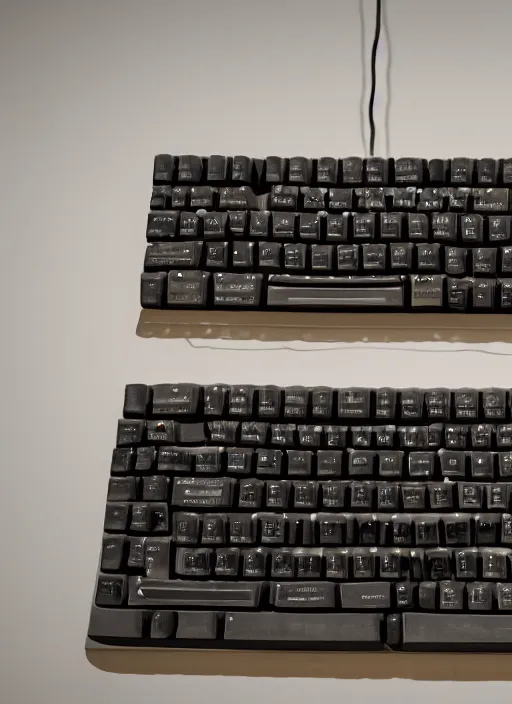 Prompt: an old computer keyboard where its keys are human teeth. exhibited in a museum as a sculpture. diffuse light photo realistic 8 k