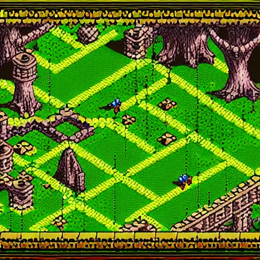 Image similar to isometric jrpg snes video game, magical ancient misty forest map, in the style of chrono trigger and the legend of zelda, detailed hd screenshot