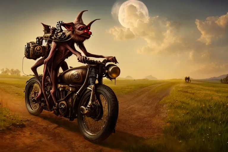 Image similar to A goblin riding a steampunk motorcycle on a dirt road in a meadow, volumetric light, studio lighting, hyperdetailed, artstation, cgsociety, 8k