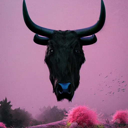 Prompt: concept art by Maciej Kuciara, highly detailed, ultra realistic two black bull stay face to face on pink a clearing with pink grass and a river long-range plan without human