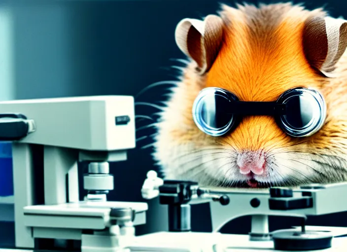 Image similar to film still of a hamster wearing goggles working in a research lab using a tiny microscope, 8 k